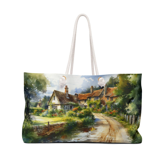 Womens Traveler Tote, Elegant Watercolor Cottages - "The Road Less Traveled", Personalize, Unique Art Work, Mom, Aunt, Grandmother Gift - FlooredByArt