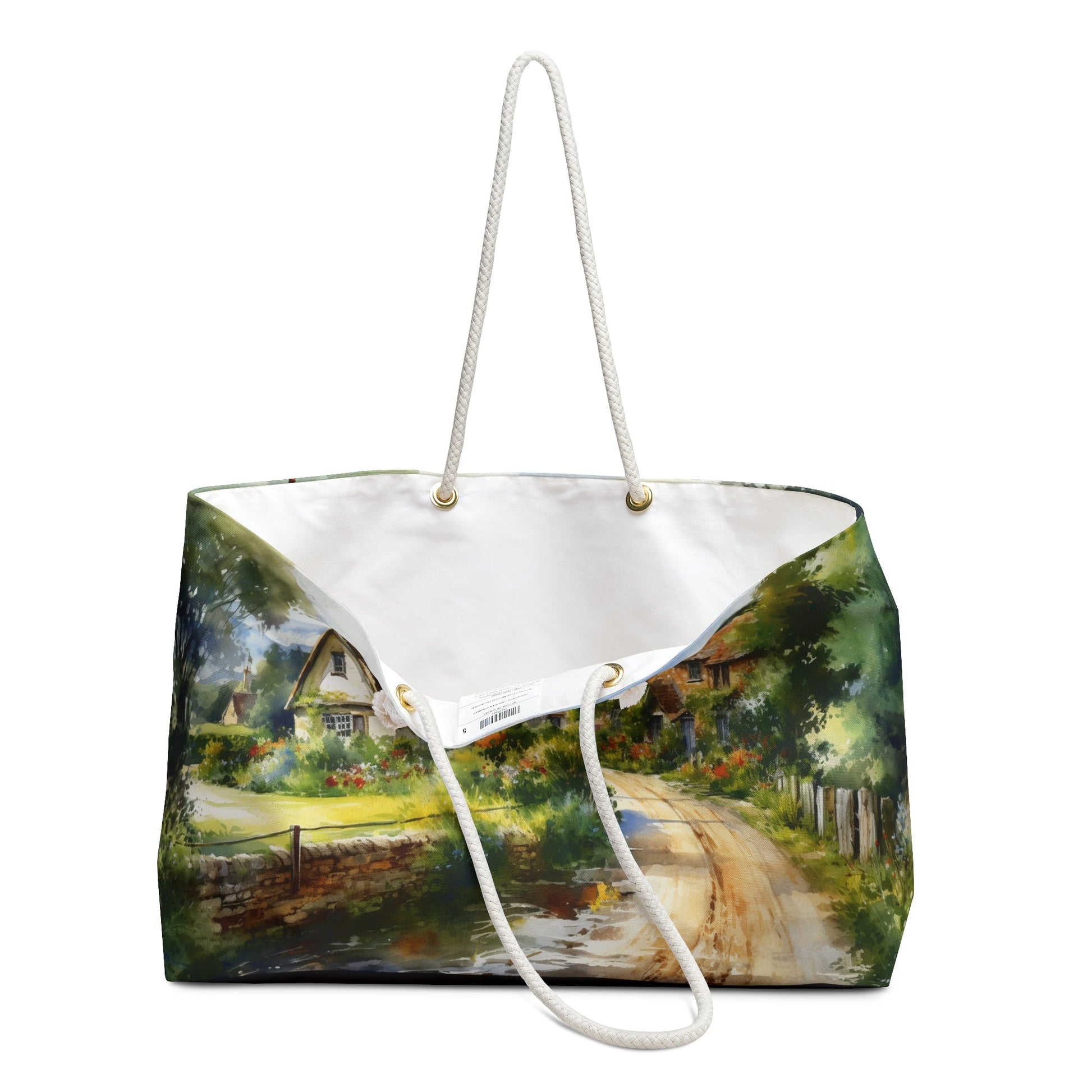 Womens Traveler Tote, Elegant Watercolor Cottages - "The Road Less Traveled", Personalize, Unique Art Work, Mom, Aunt, Grandmother Gift - FlooredByArt