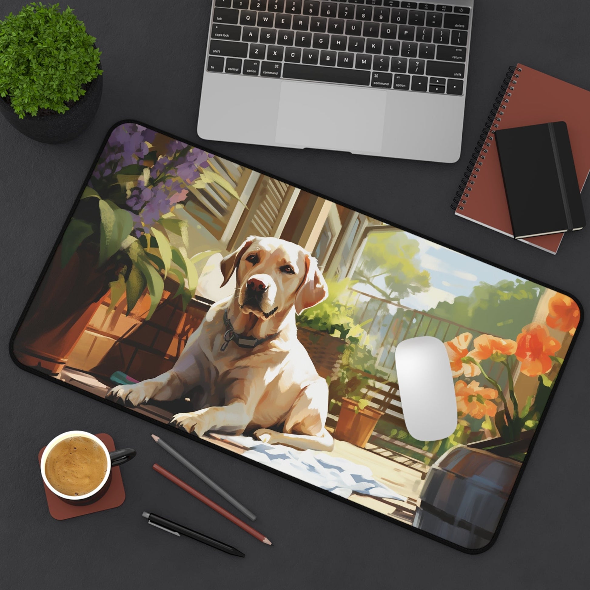 Yellow Labrador Retriever Mouse Pad, Garden Watercolor, Unique Large Desk Mat - FlooredByArt